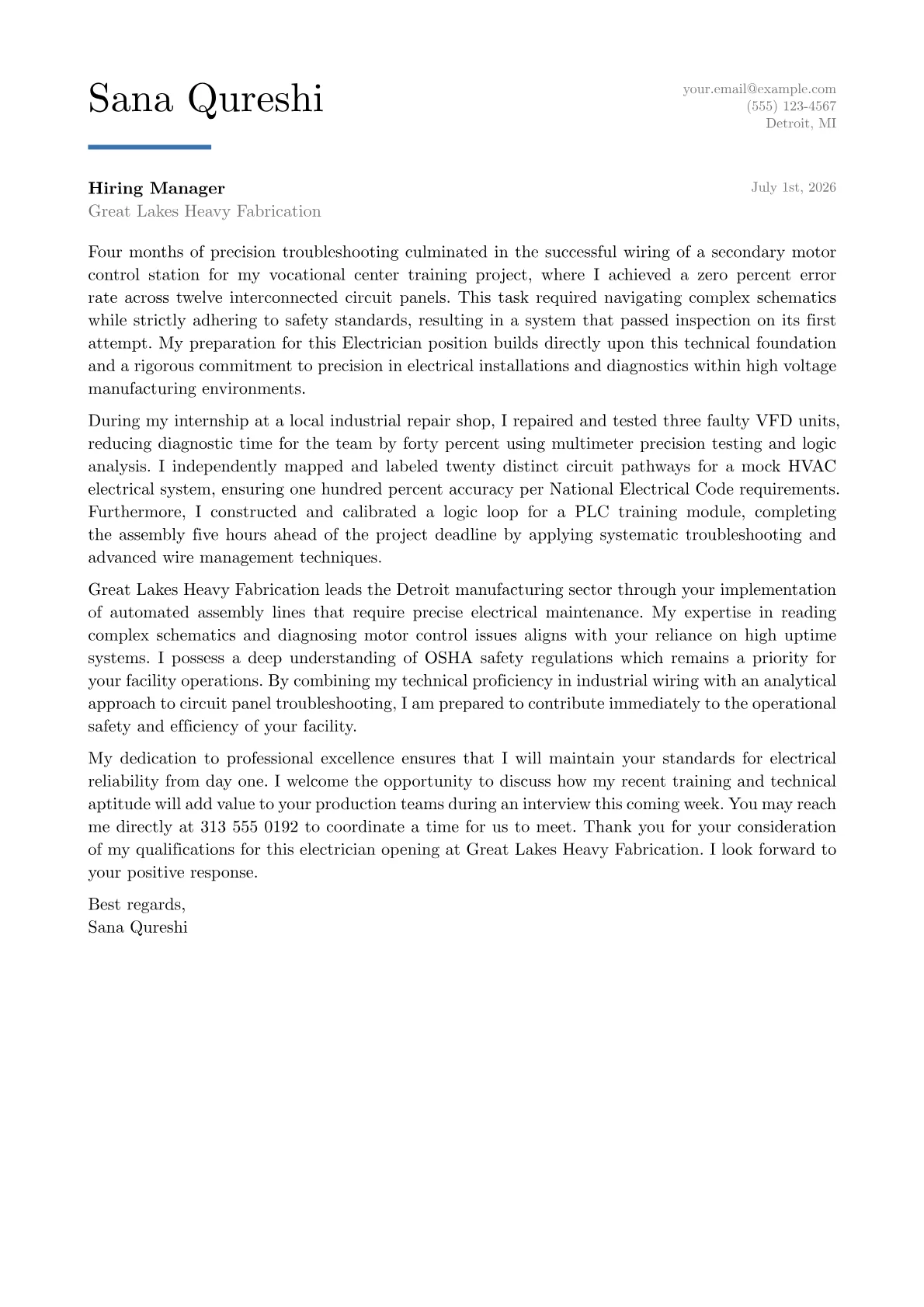 Electrician cover letter in the Executive design