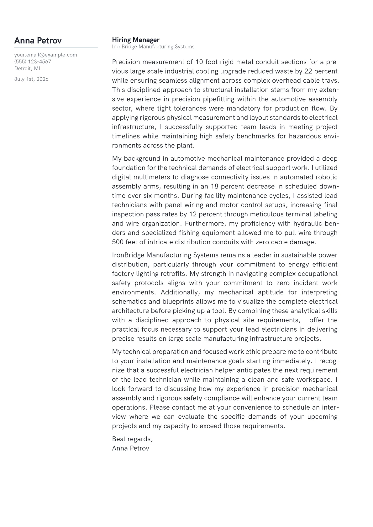 Electrician Helper cover letter in the Margin design
