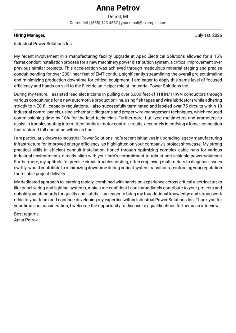 Electrician Helper cover letter example