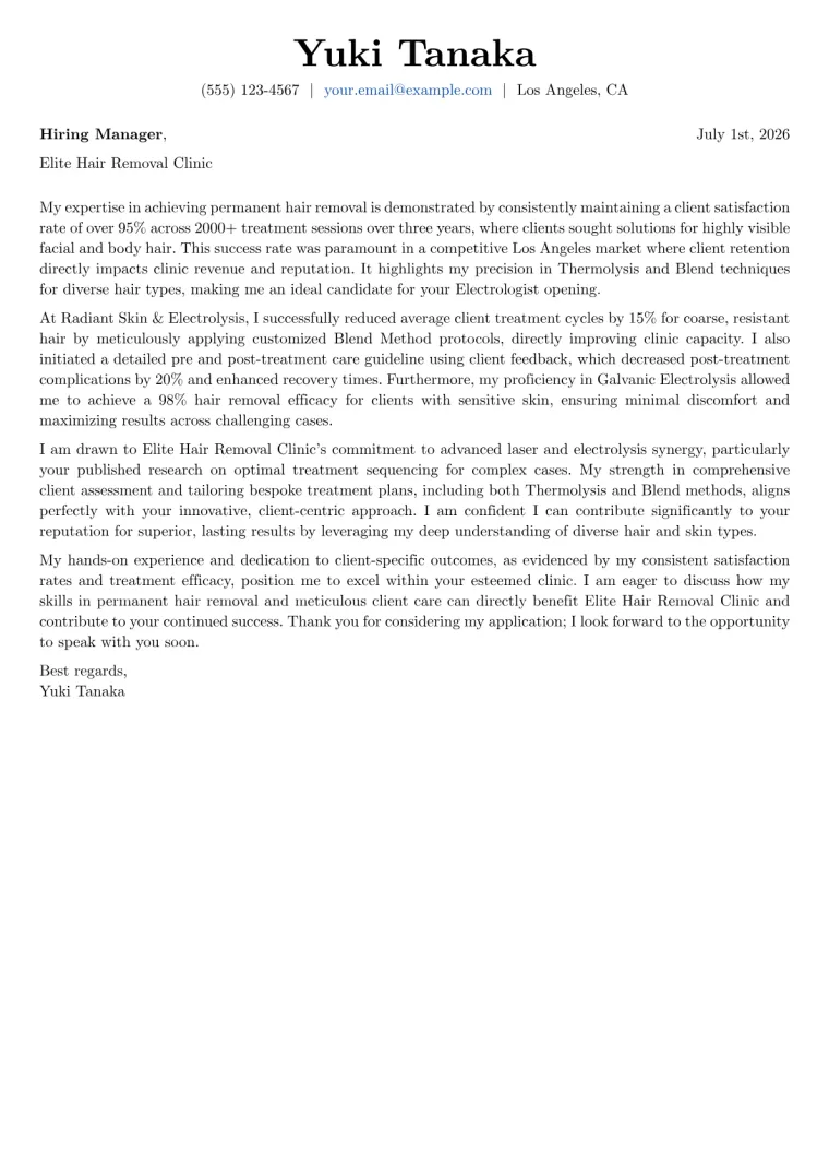 Electrologist cover letter example preview