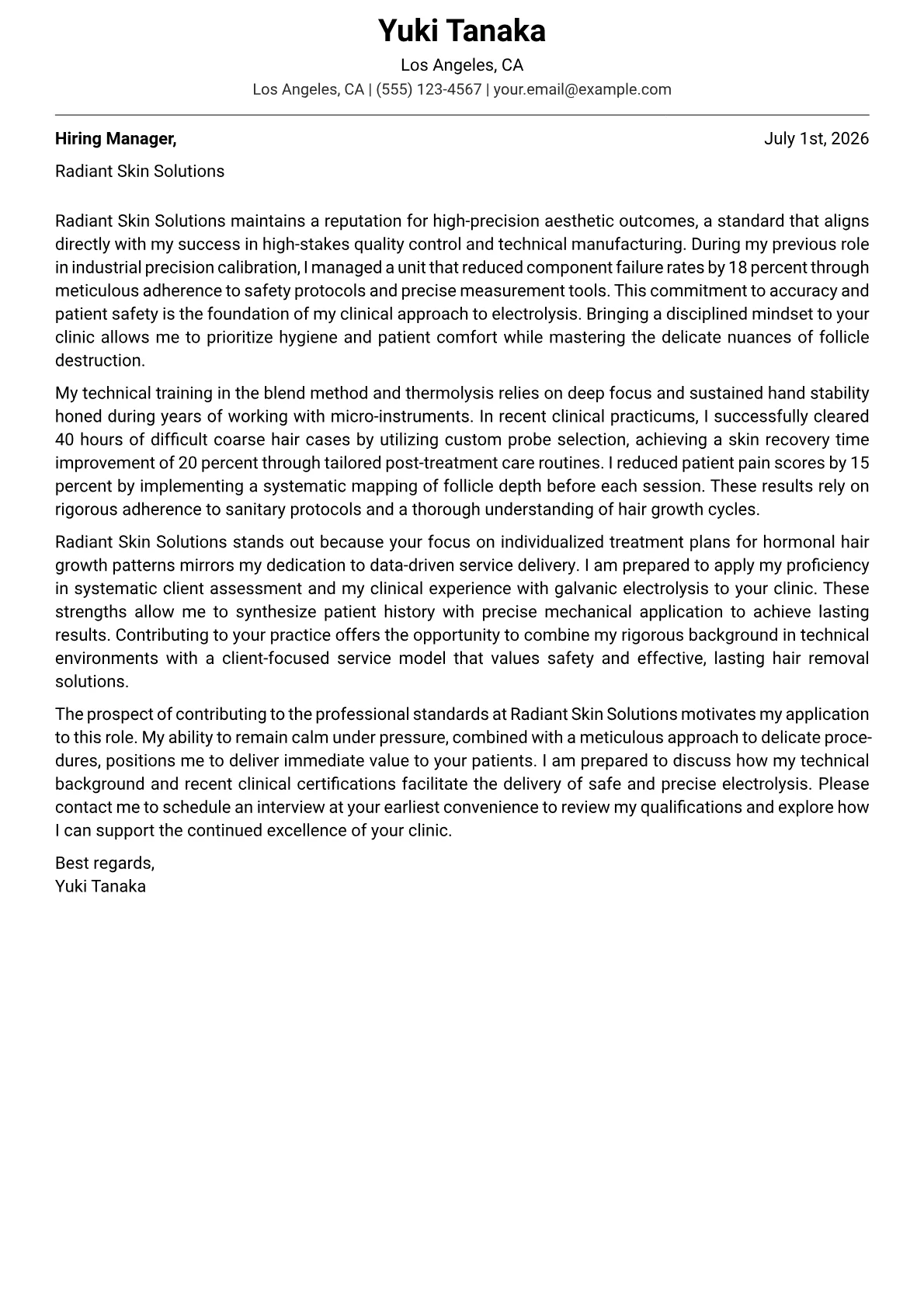 Electrologist cover letter in the Modern design