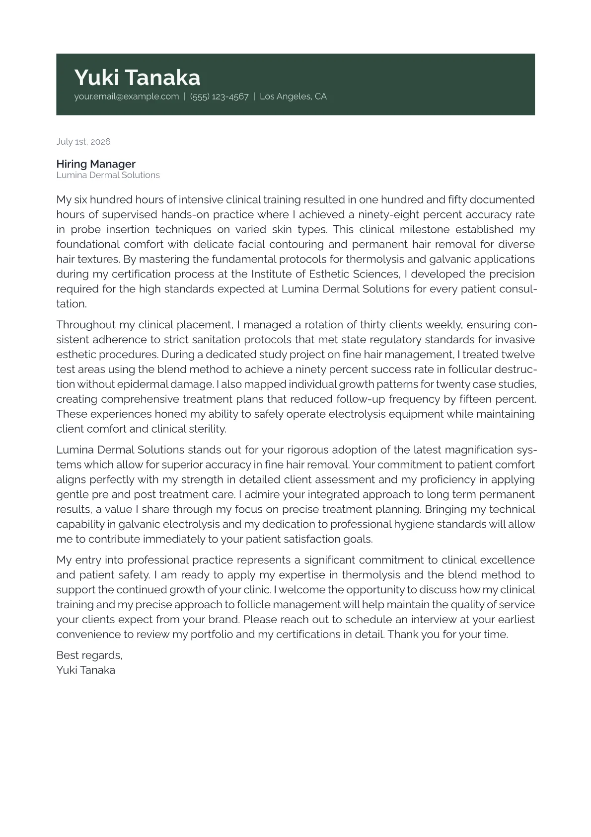 Electrologist cover letter in the Banner design
