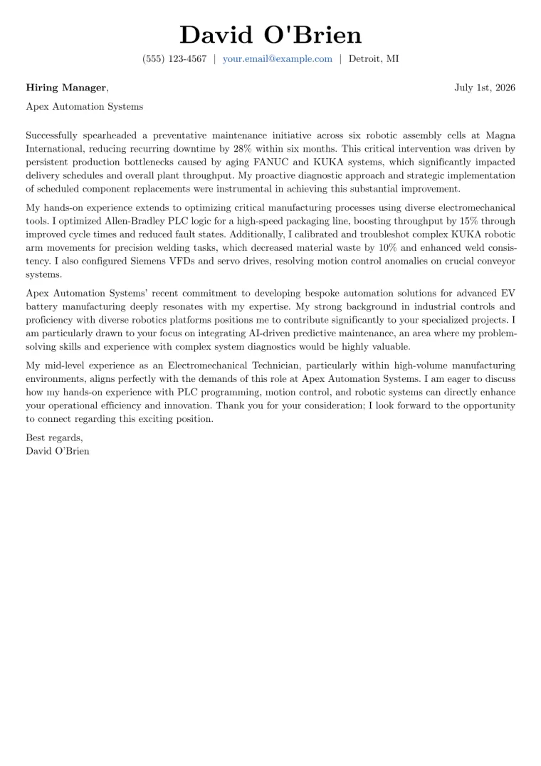 Electromechanical Technician cover letter example preview