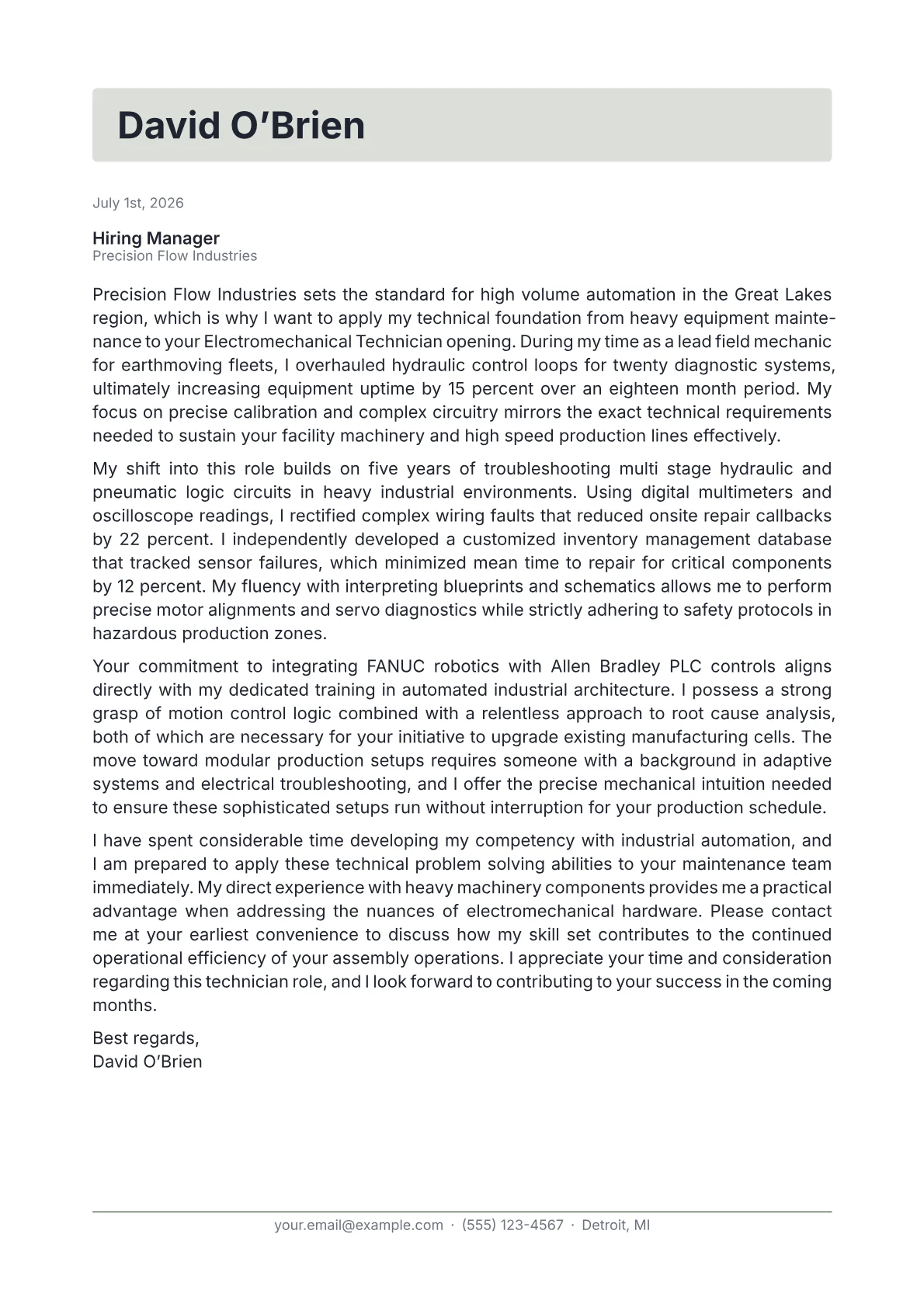 Electromechanical Technician cover letter in the Letterhead design