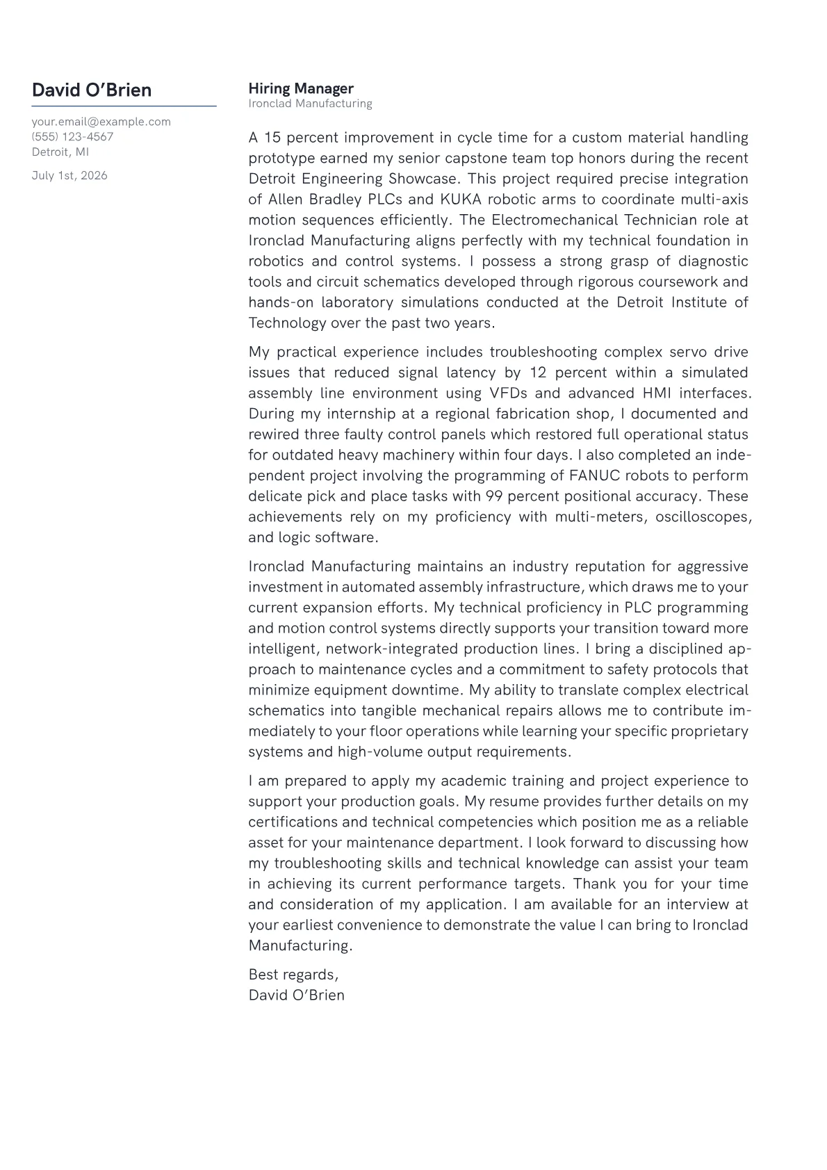 Electromechanical Technician cover letter in the Margin design