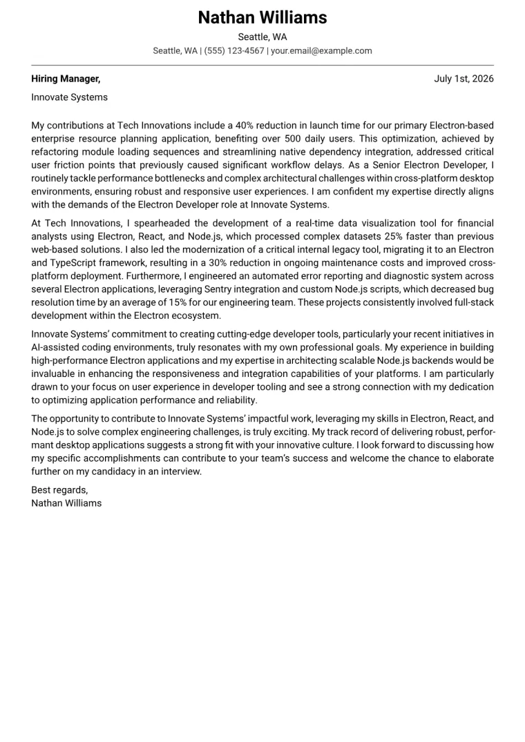 Electron Developer cover letter example preview