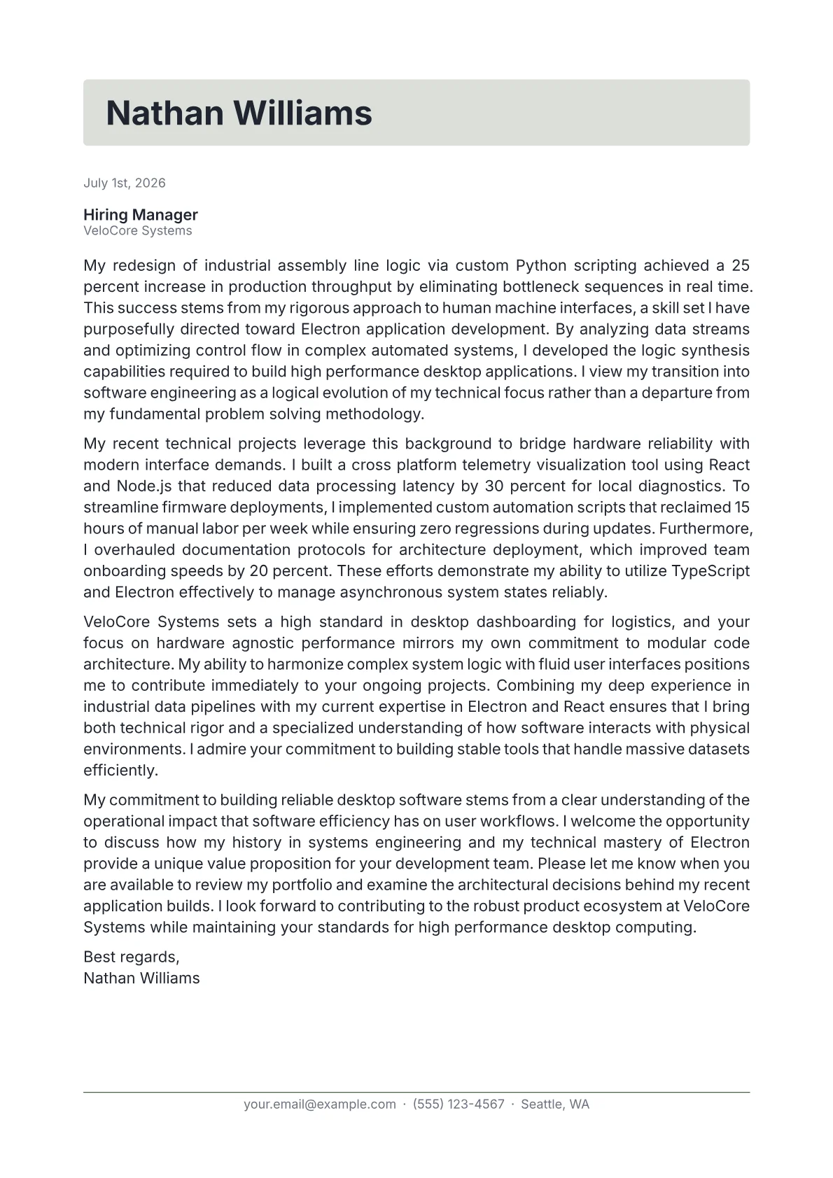 Electron Developer cover letter in the Letterhead design