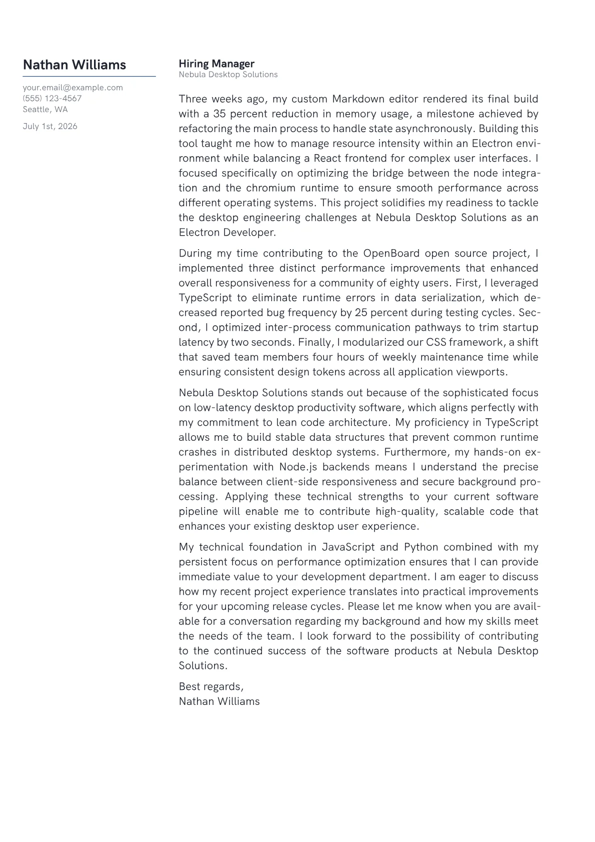 Electron Developer cover letter in the Margin design