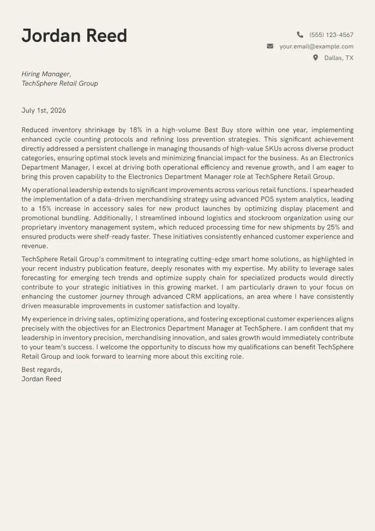 Electronics Department Manager cover letter example preview