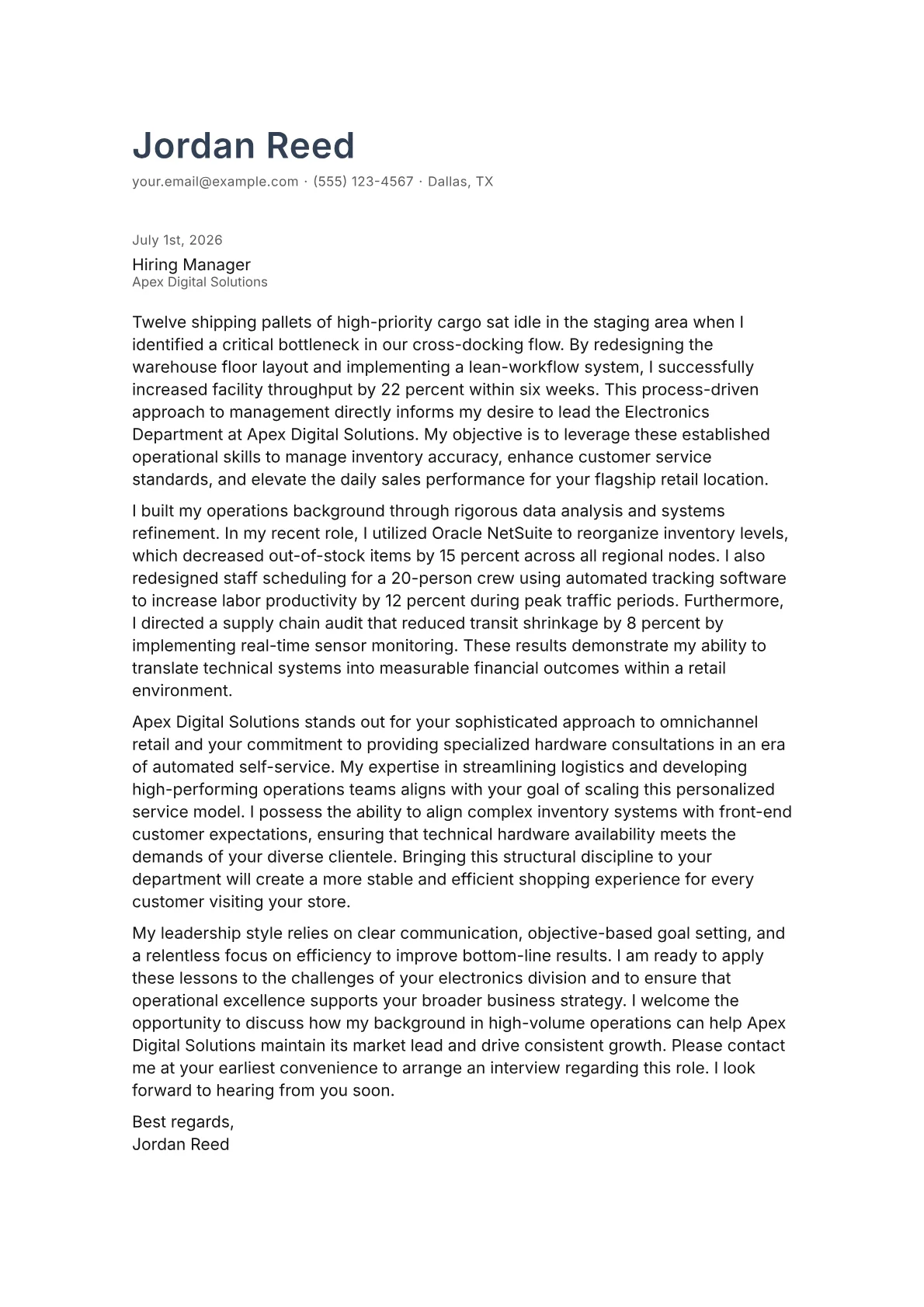Electronics Department Manager cover letter in the Minimal design