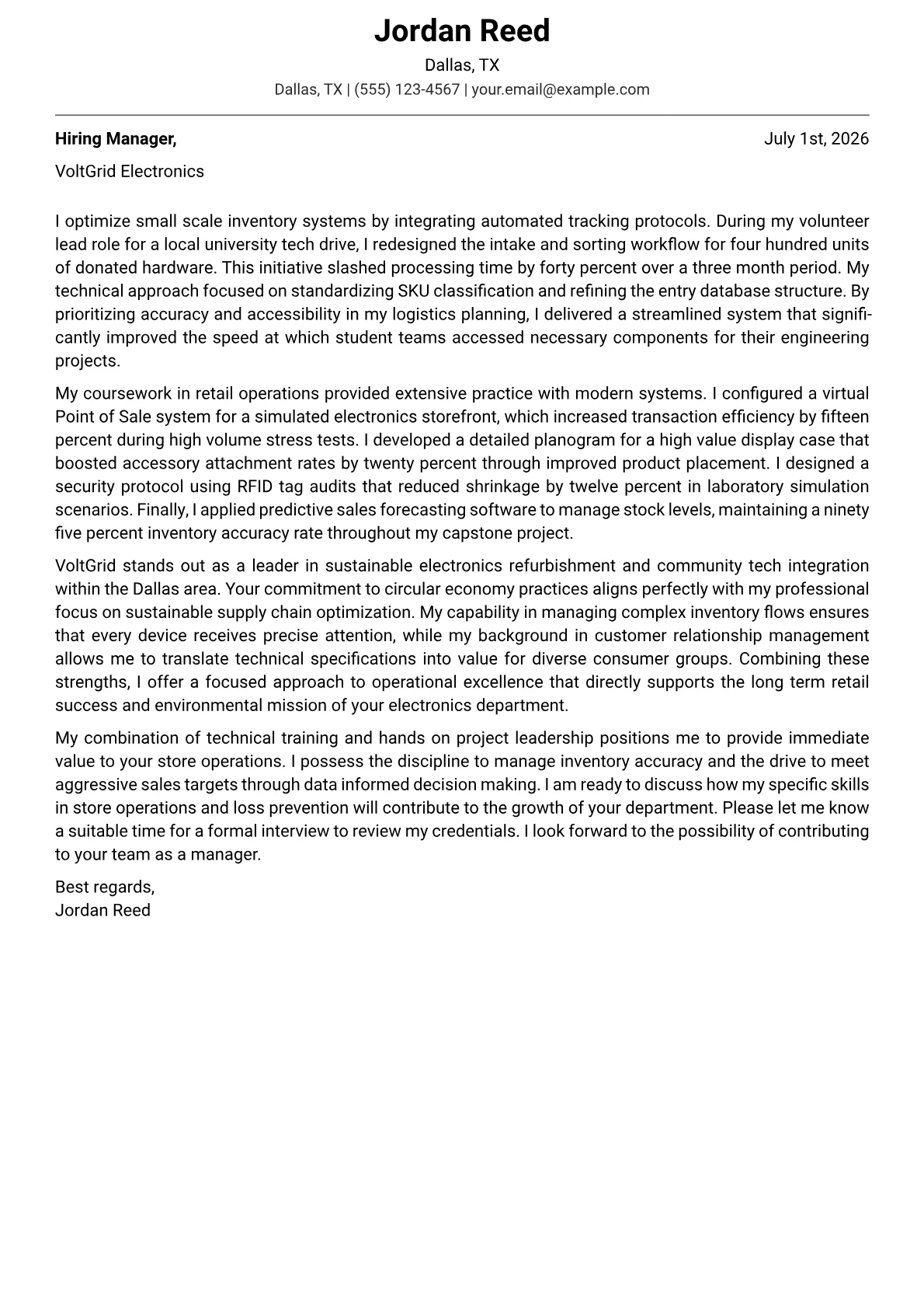 Electronics Department Manager cover letter in the Modern design