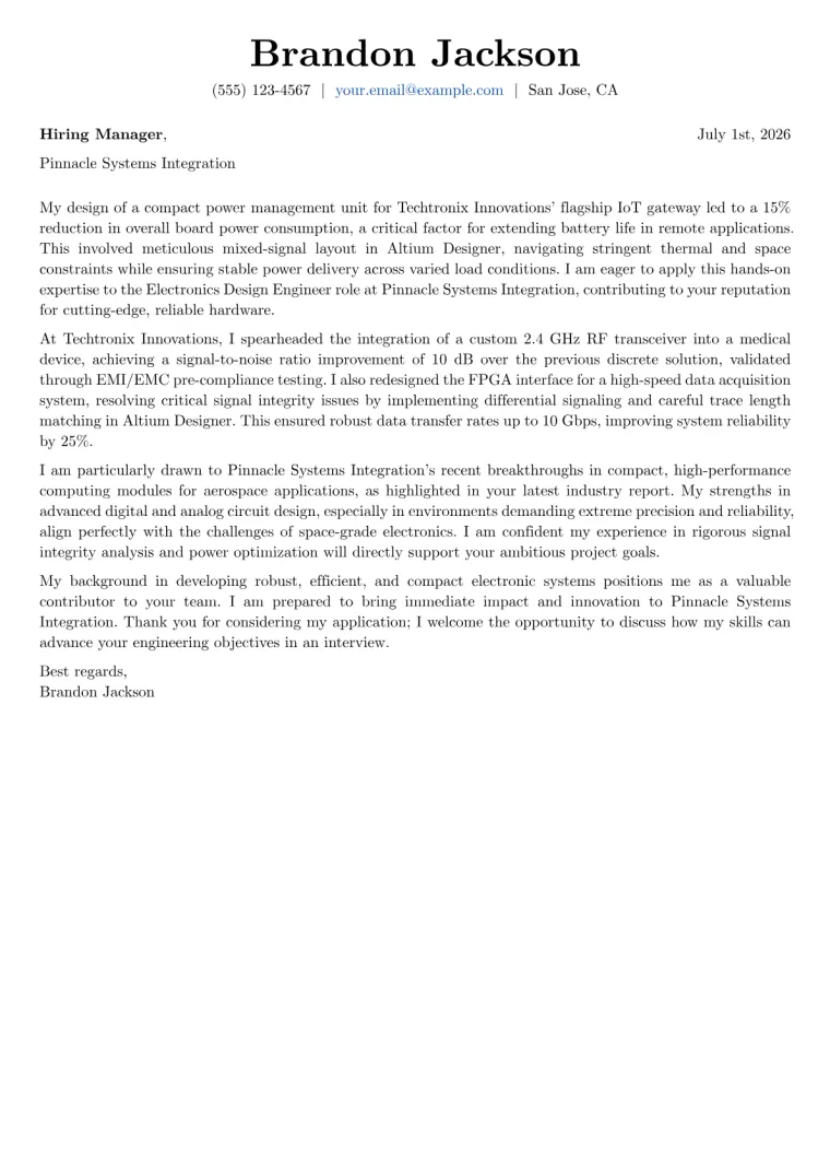 Electronics Design Engineer cover letter example