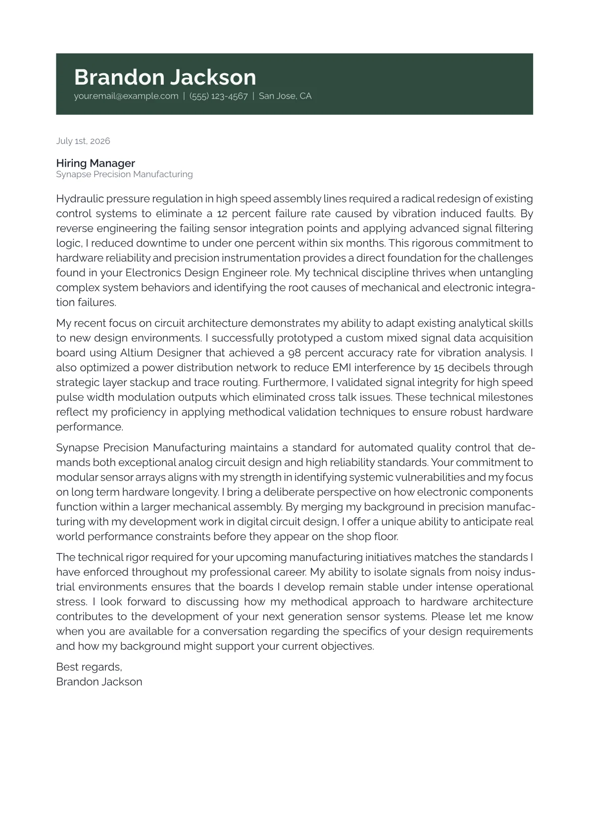 Electronics Design Engineer cover letter in the Banner design