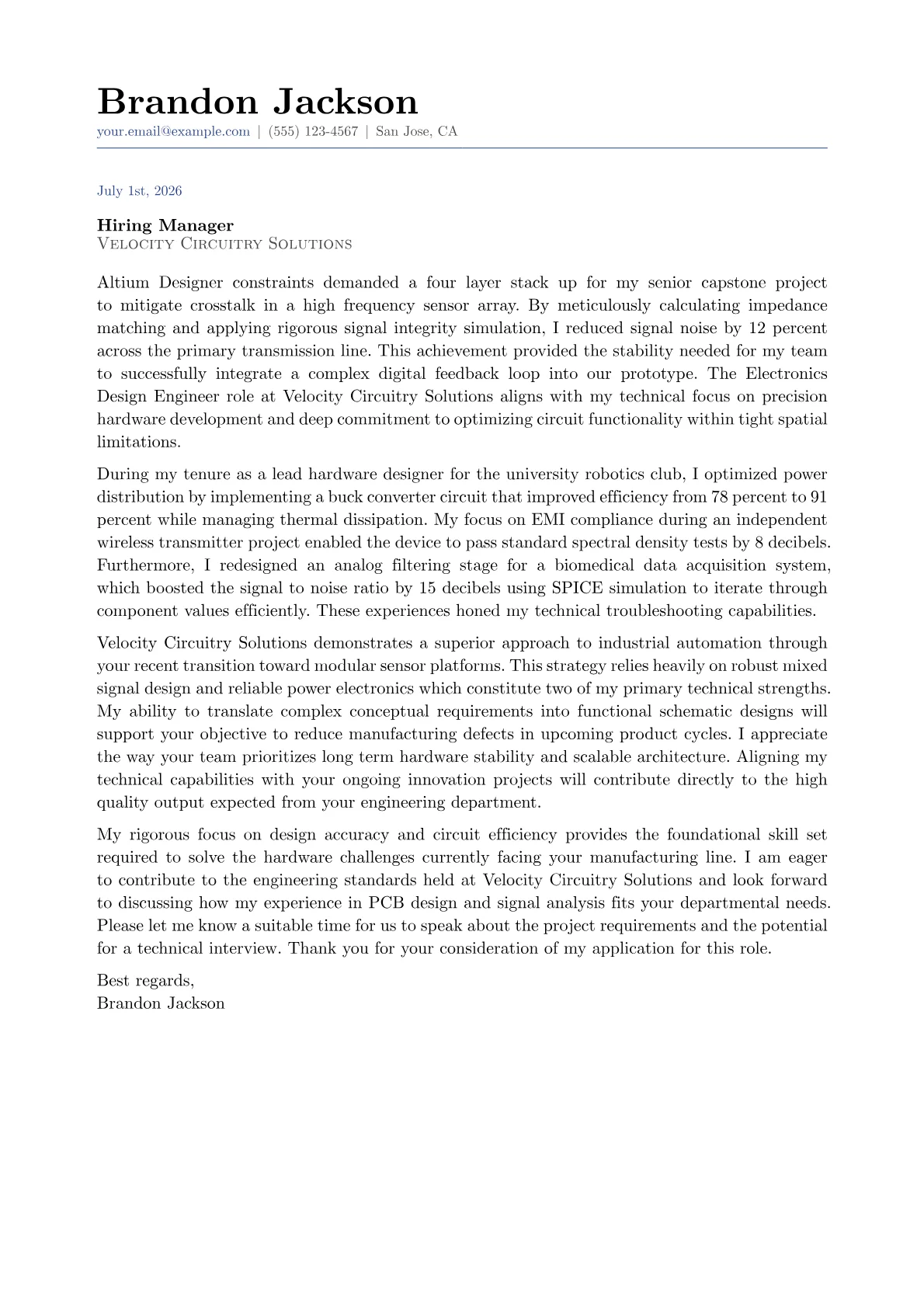 Electronics Design Engineer cover letter in the Classic design