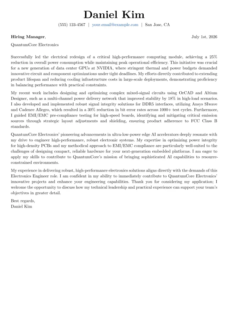 Electronics Engineer Cover Letter Example