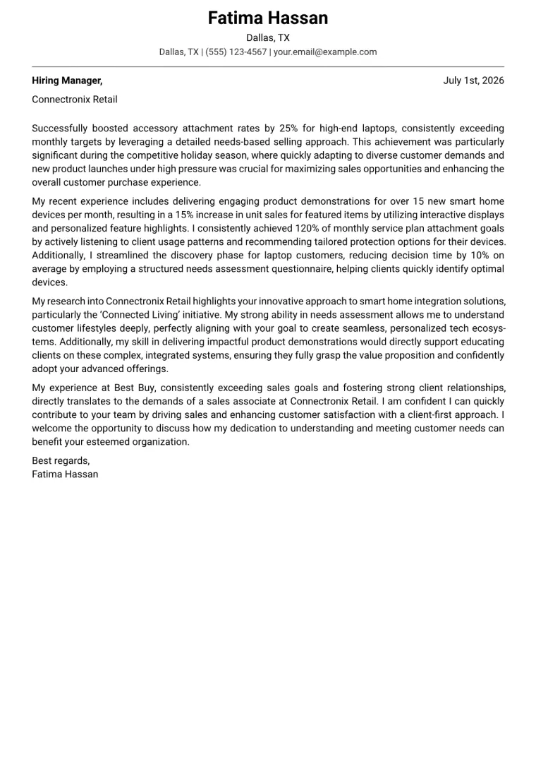 Electronics Sales Associate cover letter example preview