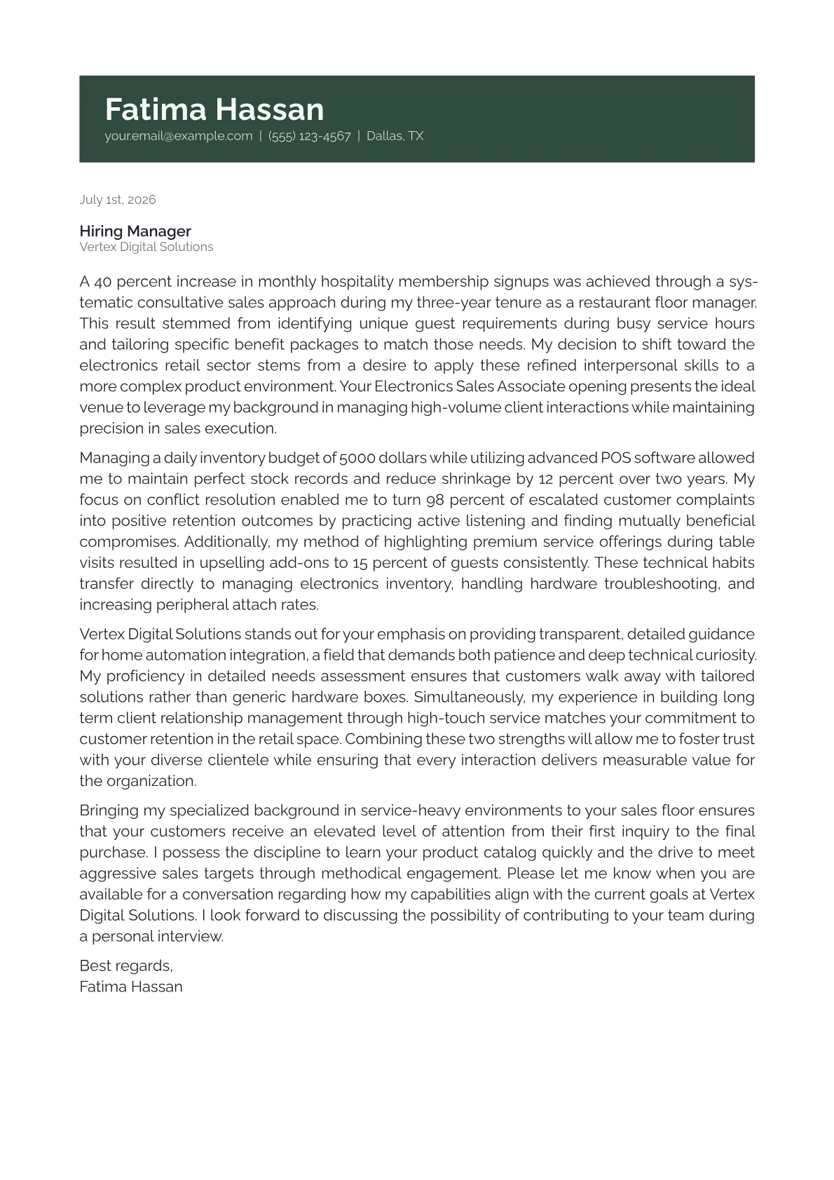 Electronics Sales Associate cover letter in the Banner design