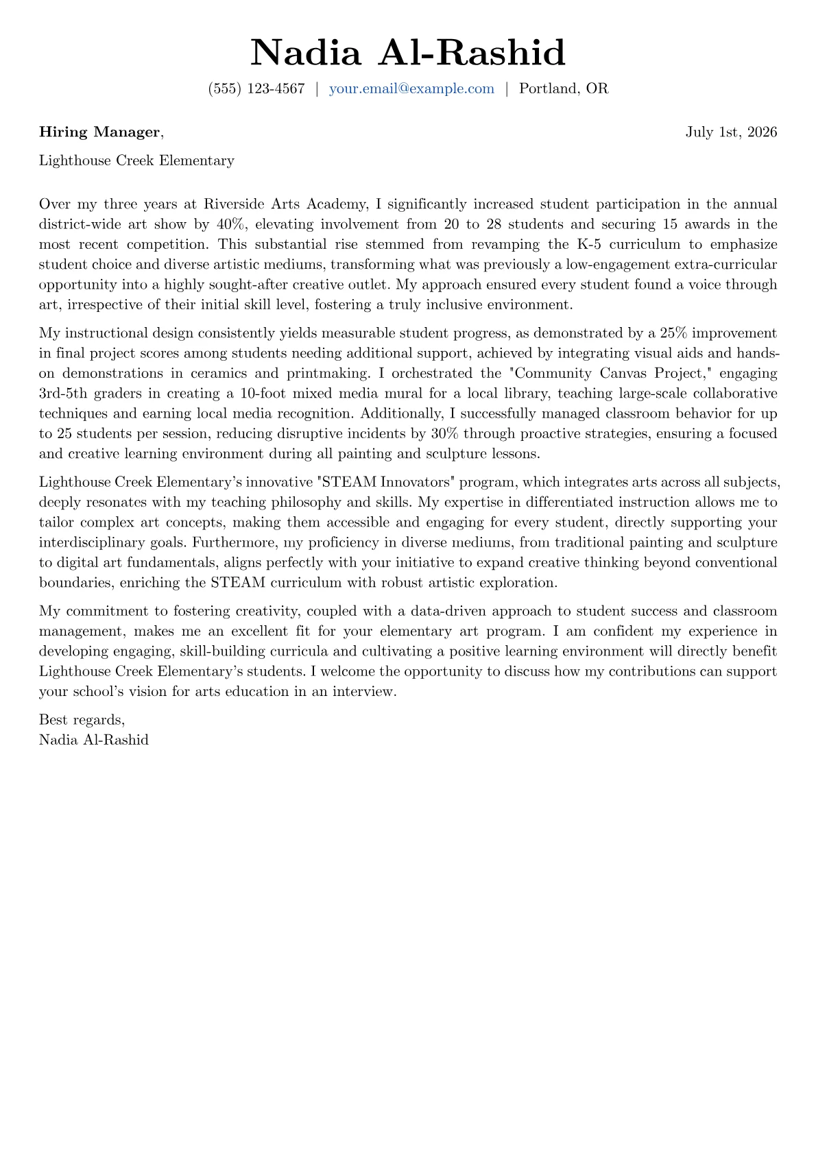Elementary Art Teacher cover letter formatted with a JobSprout template