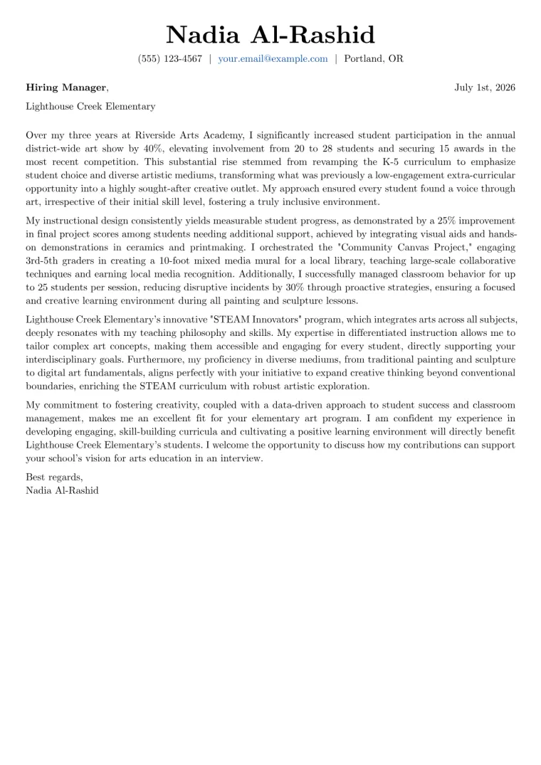Elementary Art Teacher cover letter example preview