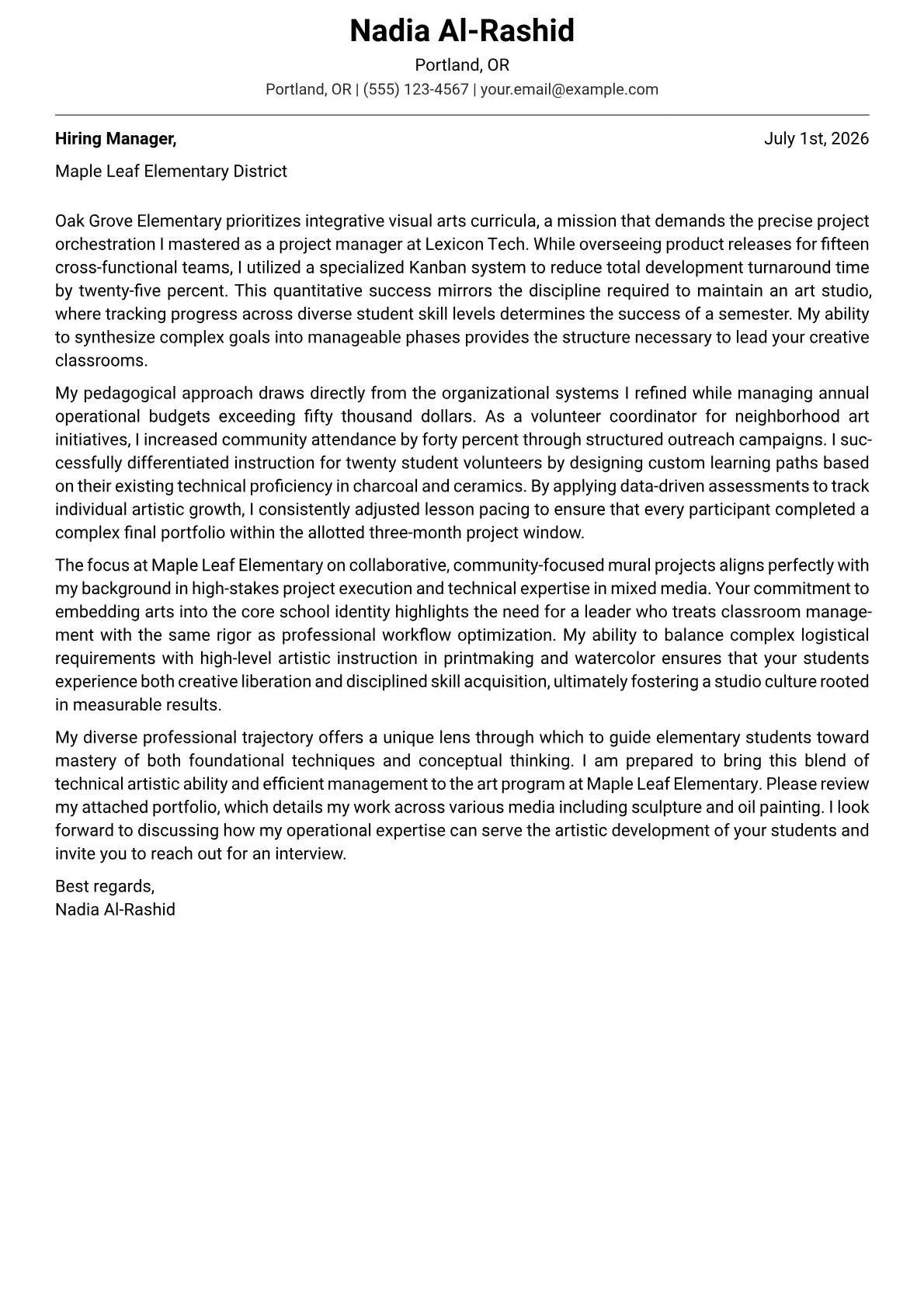 Elementary Art Teacher cover letter in the Modern design