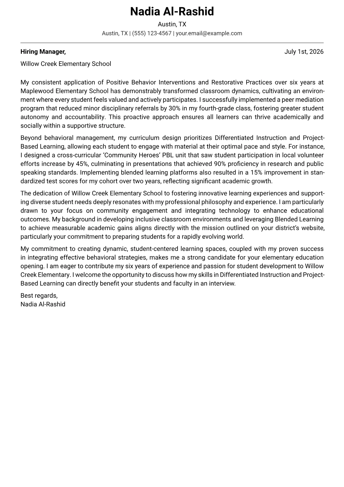 Elementary Education cover letter formatted with a JobSprout template