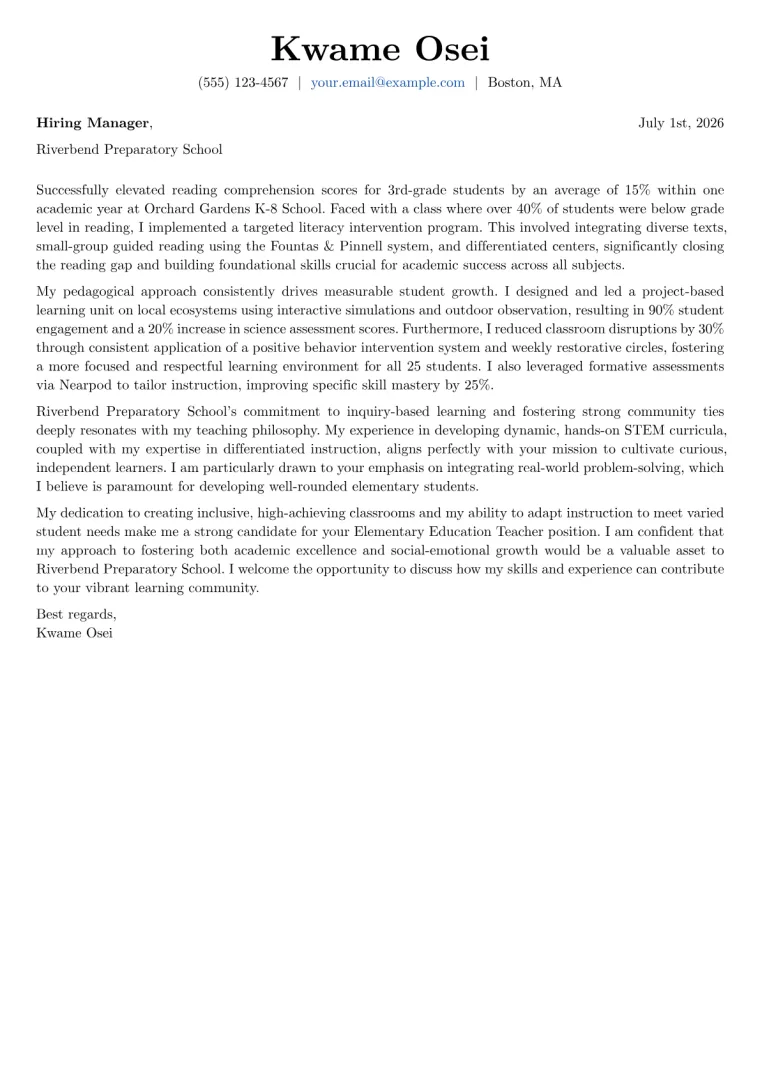 Elementary Education Teacher Cover Letter Example