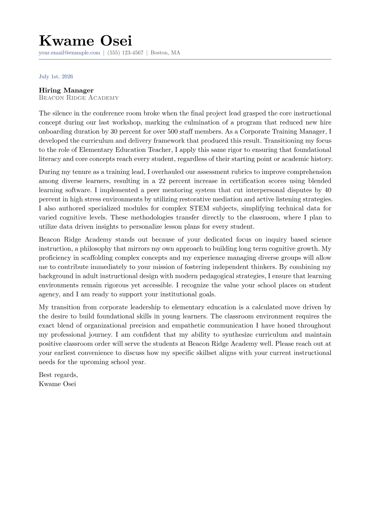 Elementary Education Teacher cover letter in the Classic design