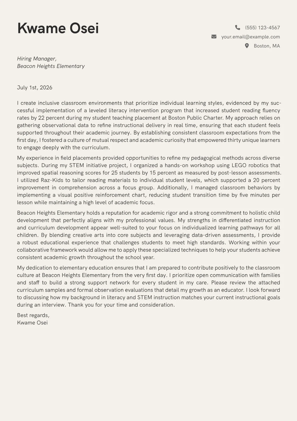 Elementary Education Teacher cover letter in the Creative design