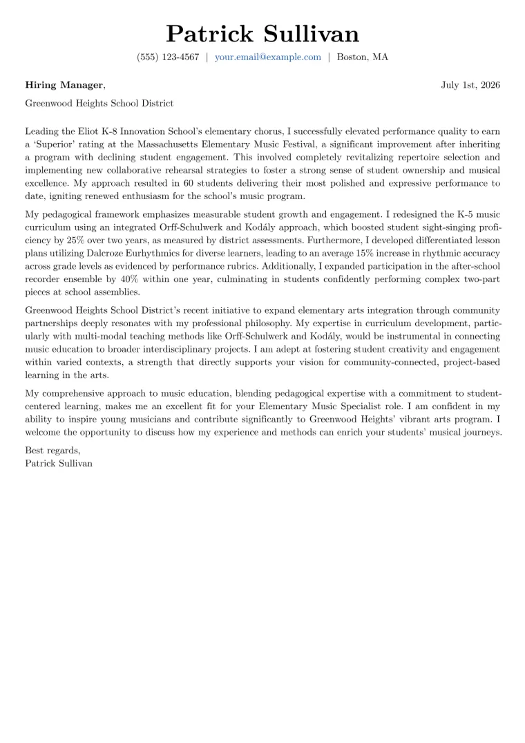 Elementary Music Specialist cover letter example