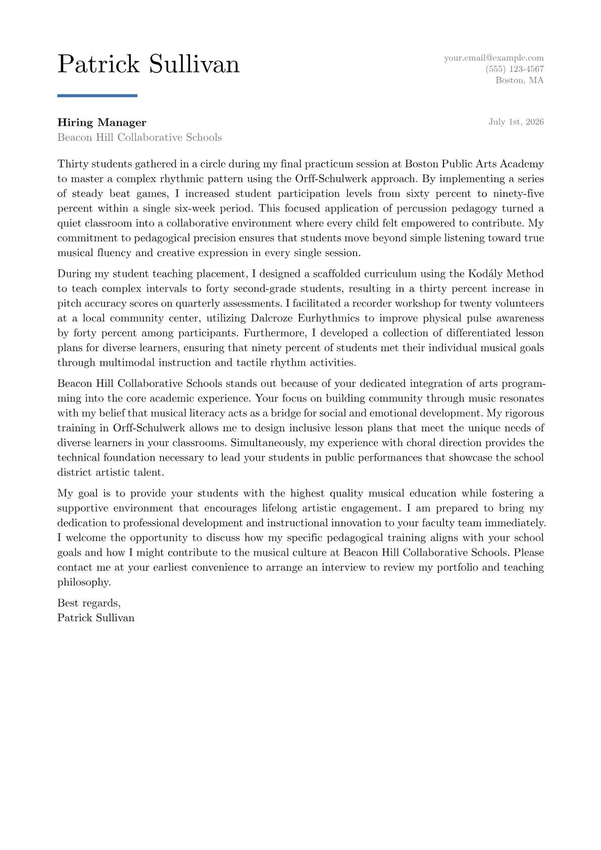 Elementary Music Specialist cover letter in the Executive design