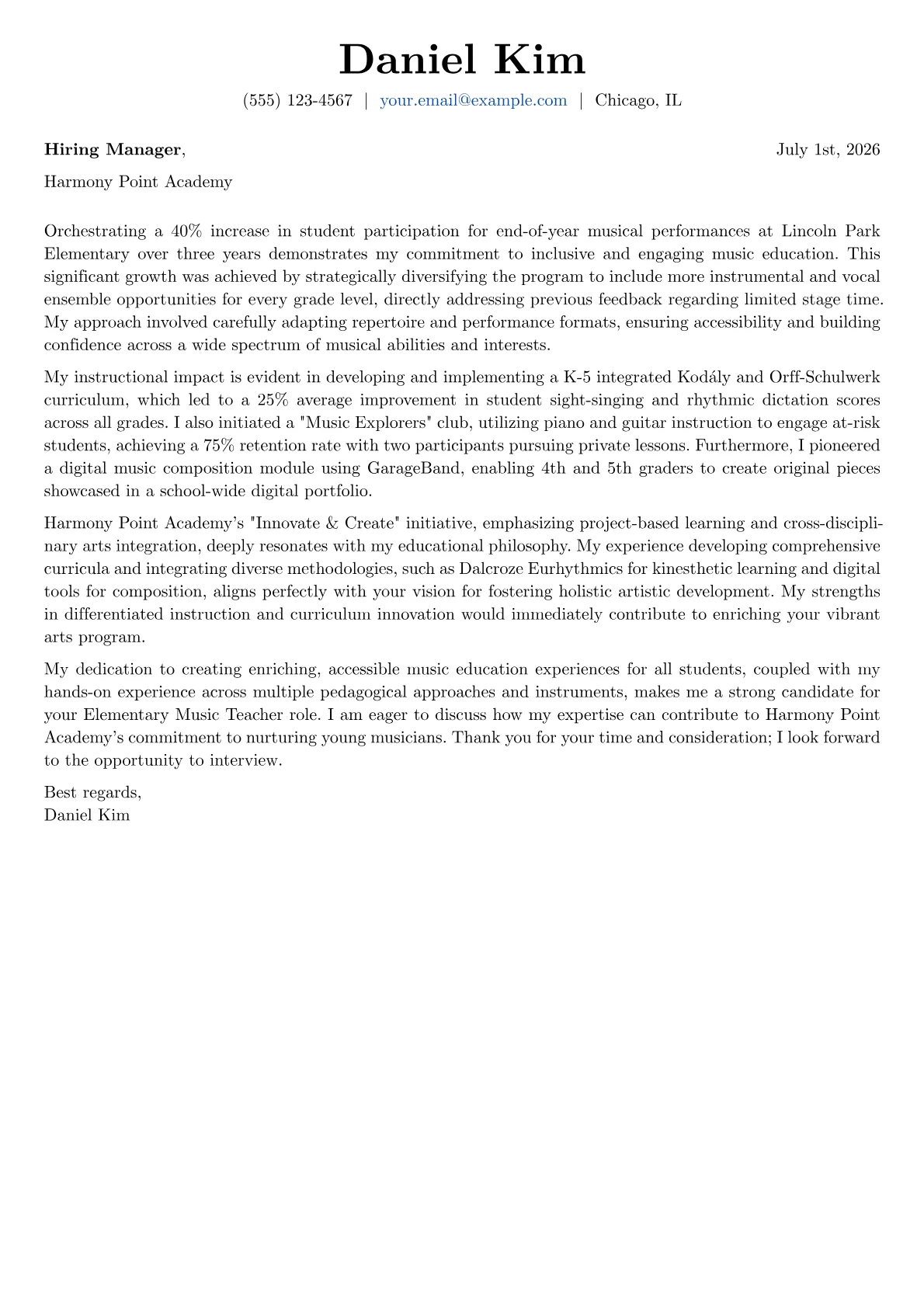 Elementary Music Teacher cover letter formatted with a JobSprout template