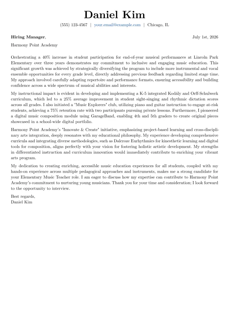Elementary Music Teacher cover letter example preview