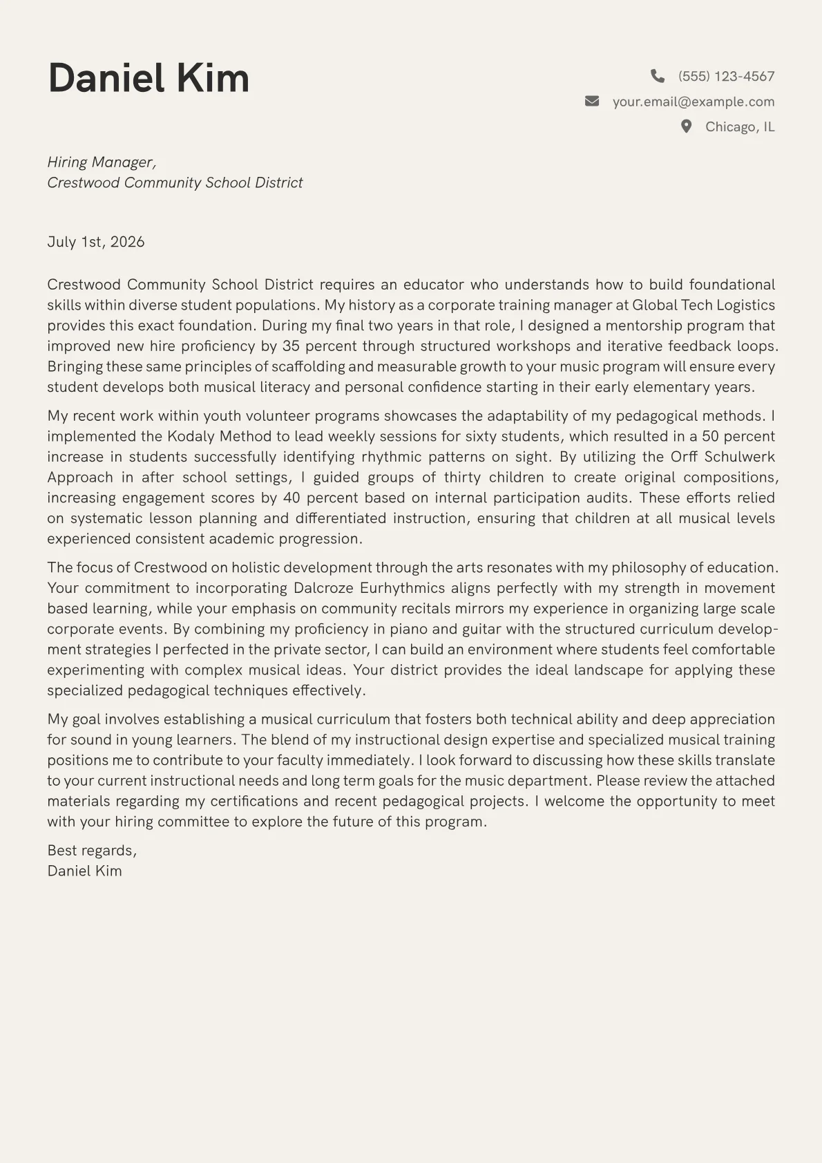 Elementary Music Teacher cover letter in the Creative design