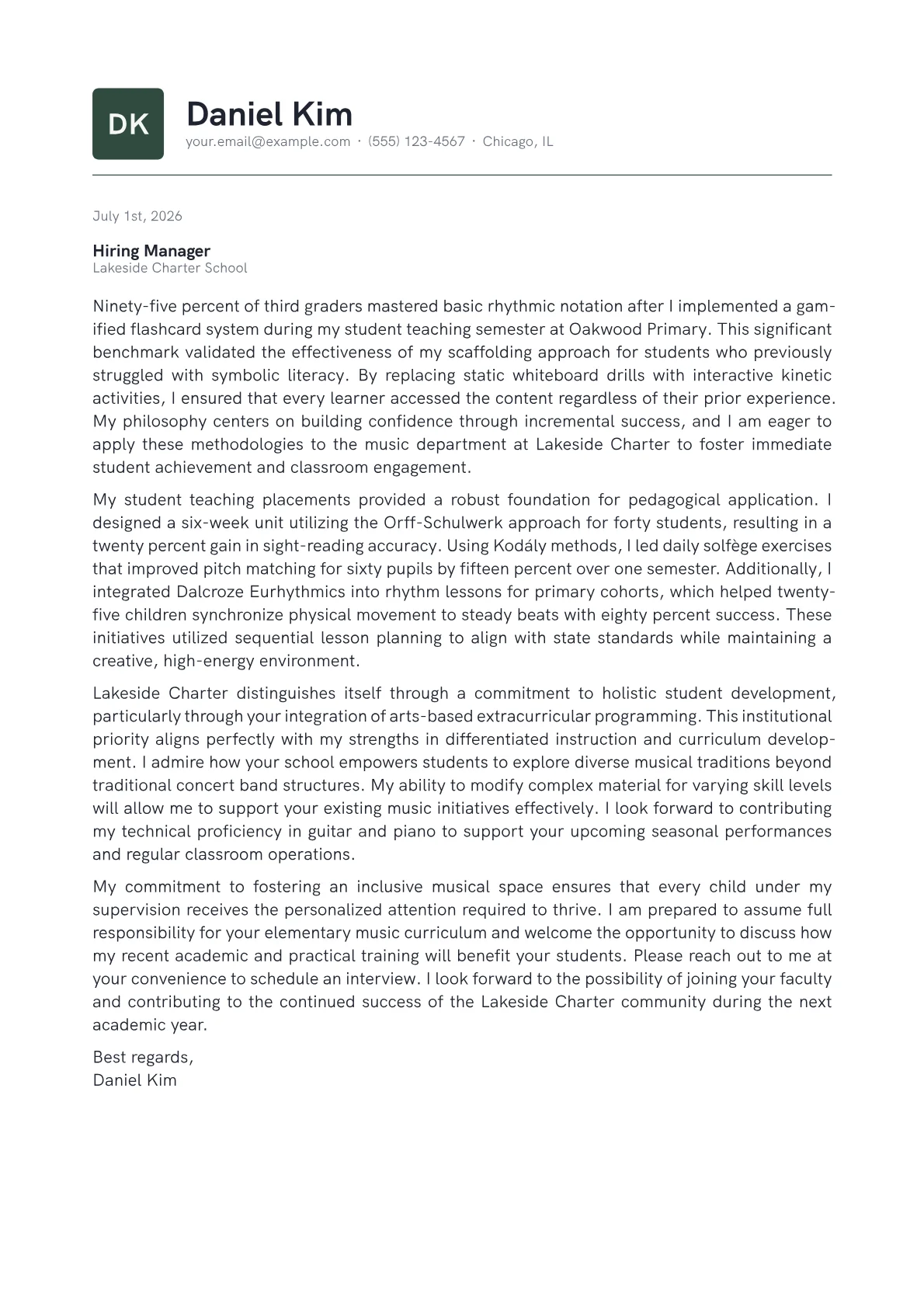 Elementary Music Teacher cover letter in the Emblem design