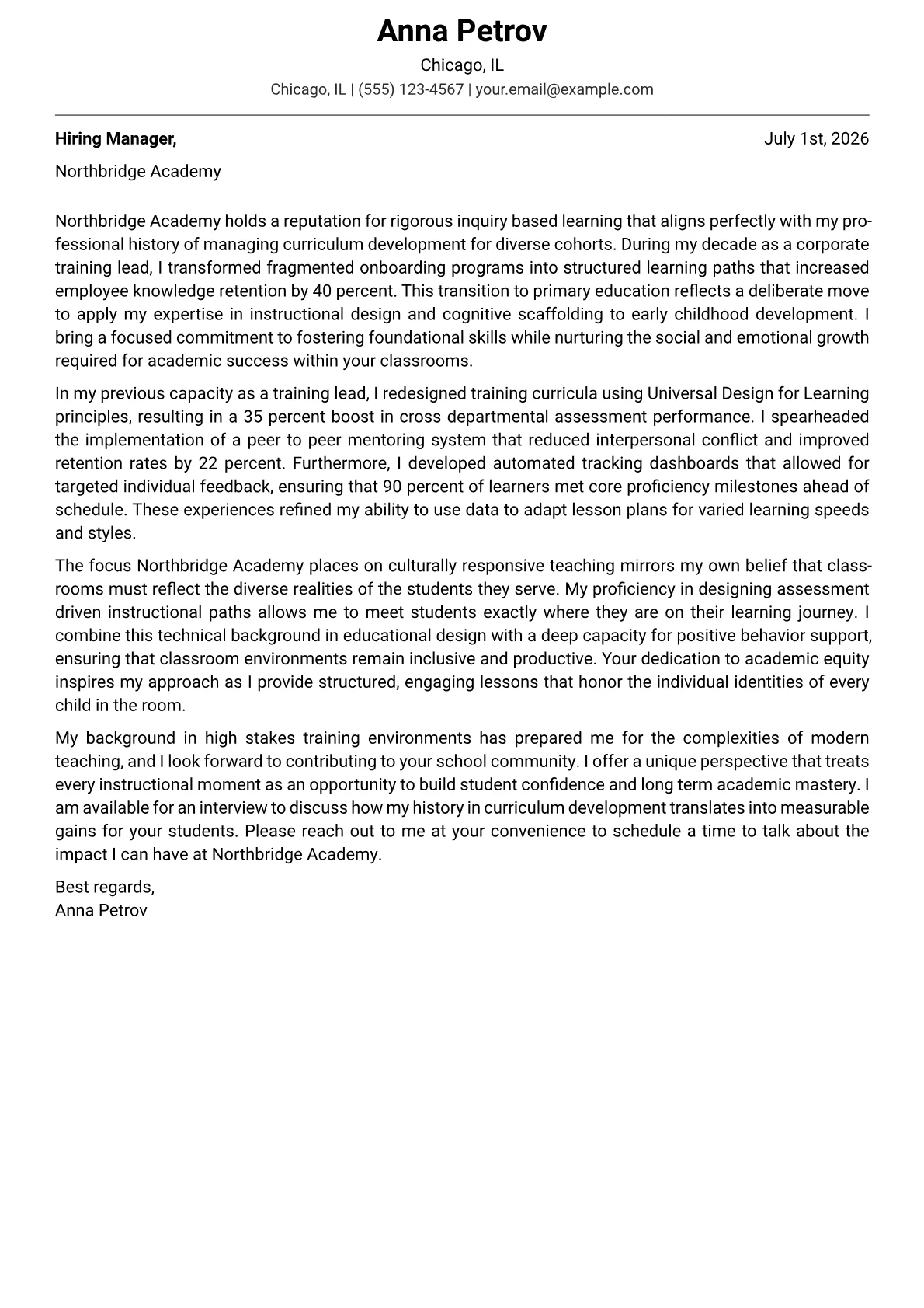 Elementary School Teacher cover letter in the Modern design