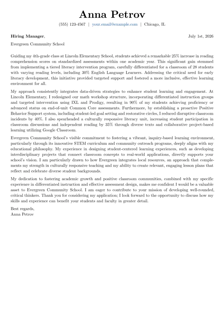 Elementary School Teacher cover letter example