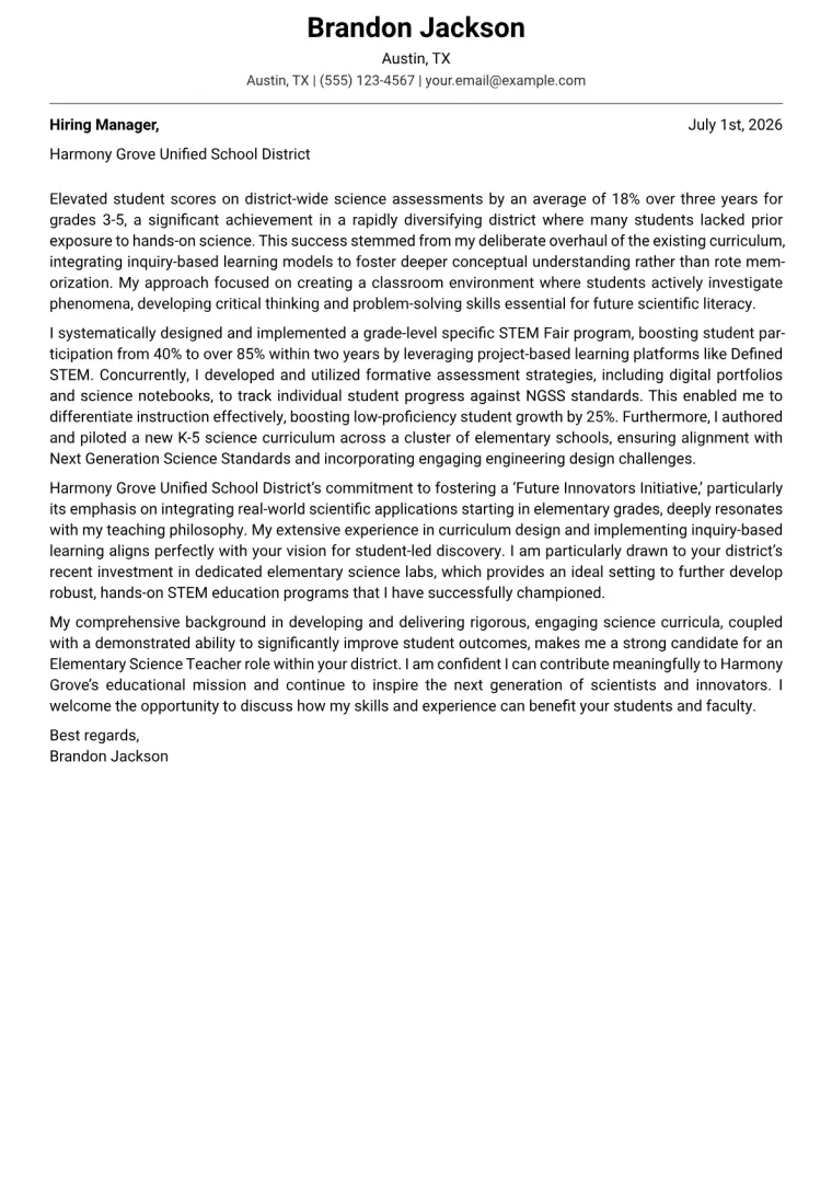 Elementary Science Teacher cover letter example preview