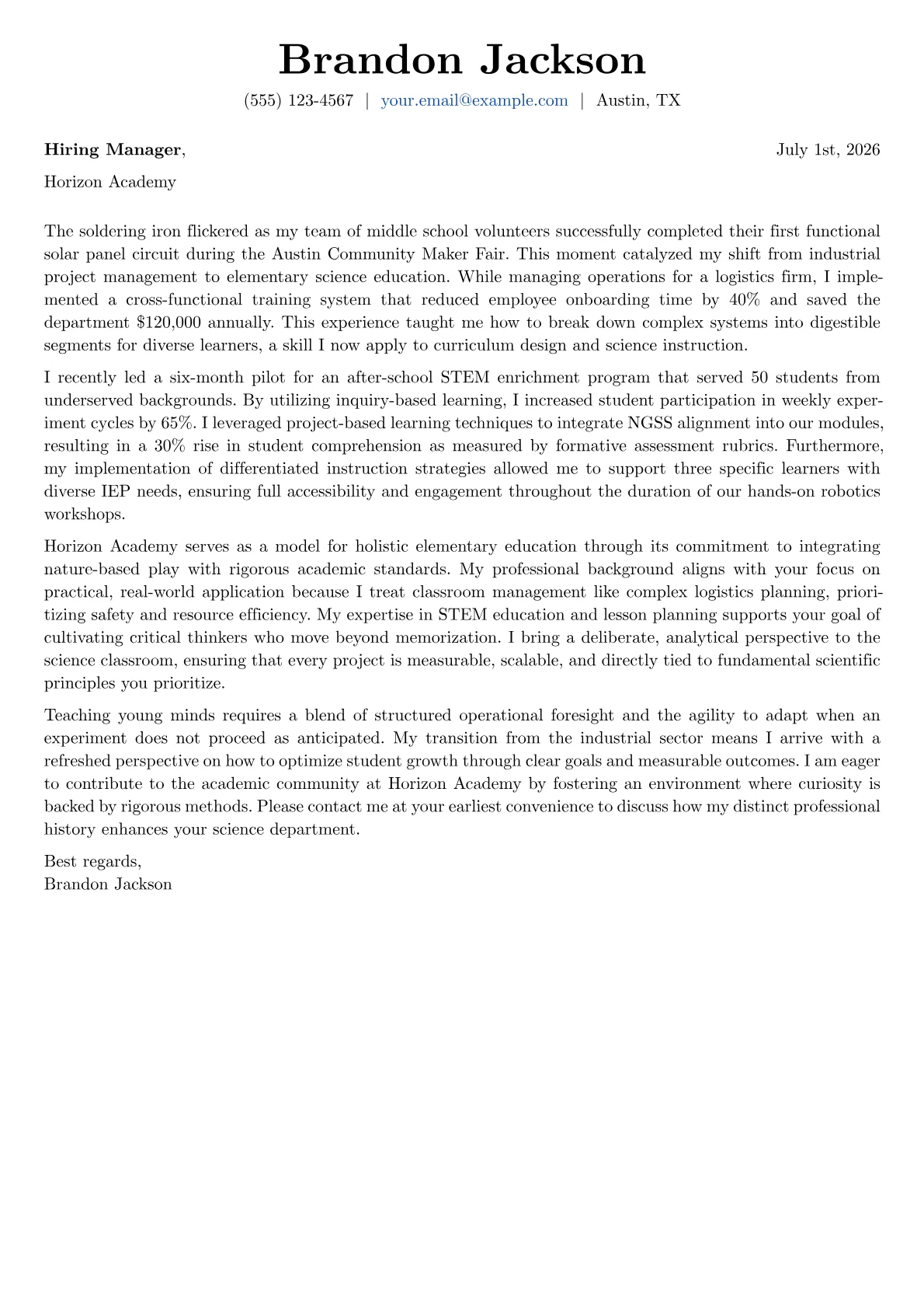 Elementary Science Teacher cover letter in the Basic design