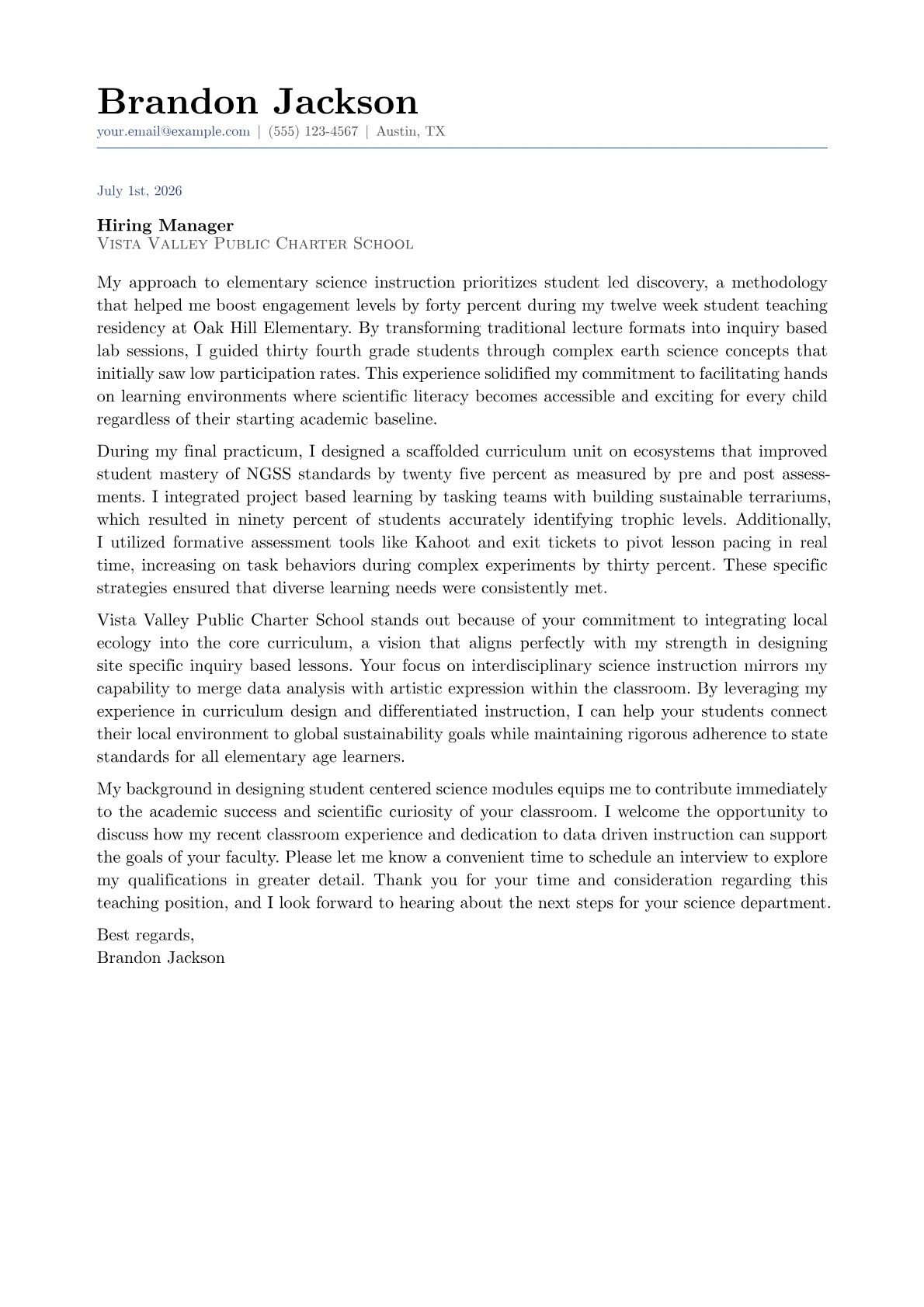 Elementary Science Teacher cover letter in the Classic design