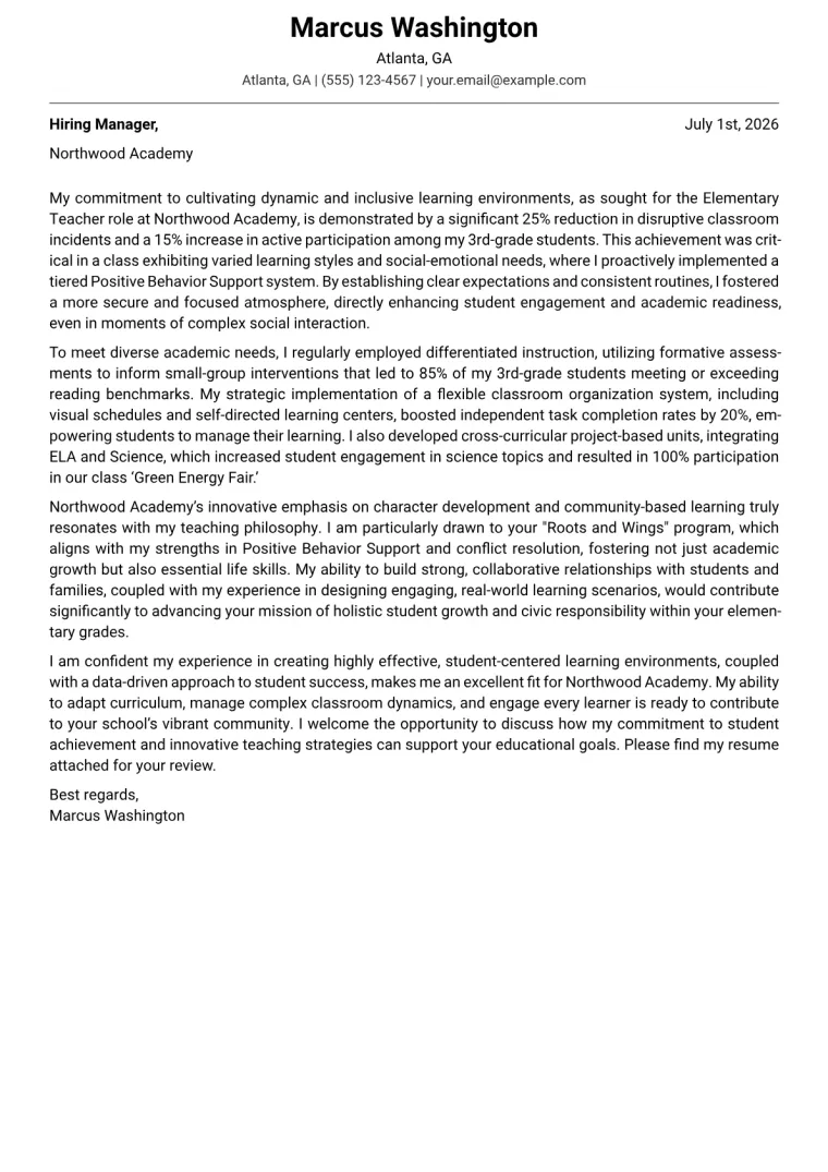 Elementary Teacher Cover Letter Example
