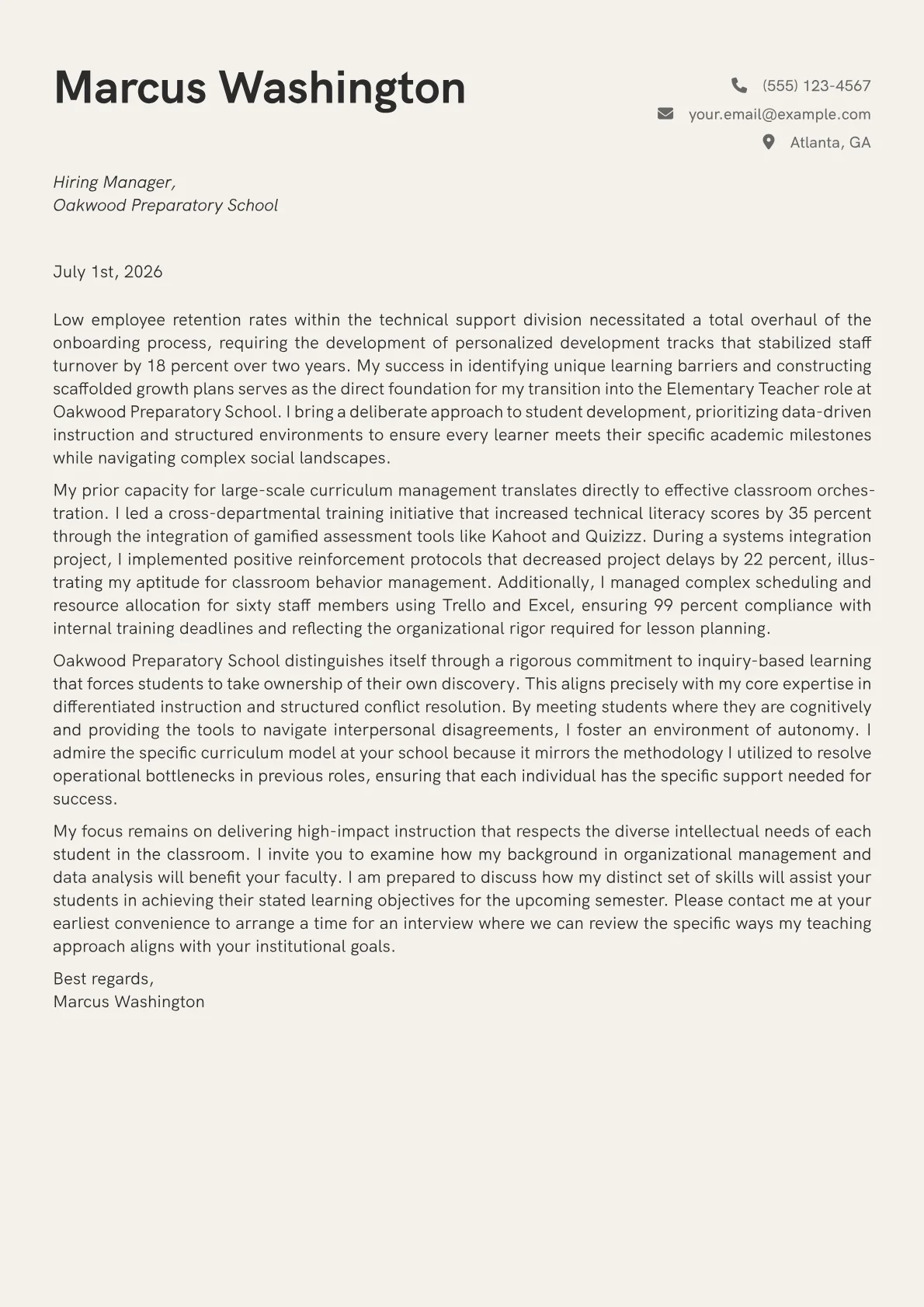 Elementary Teacher cover letter in the Creative design
