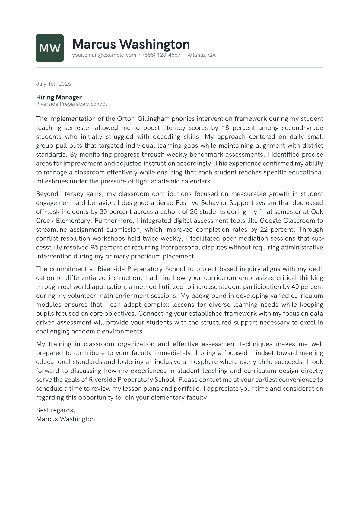 Elementary Teacher cover letter in the Emblem design