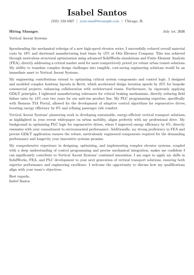 Elevator Engineer cover letter example preview