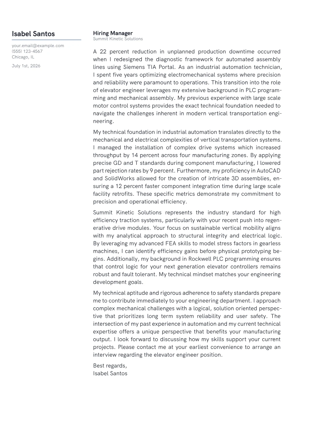 Elevator Engineer cover letter in the Margin design