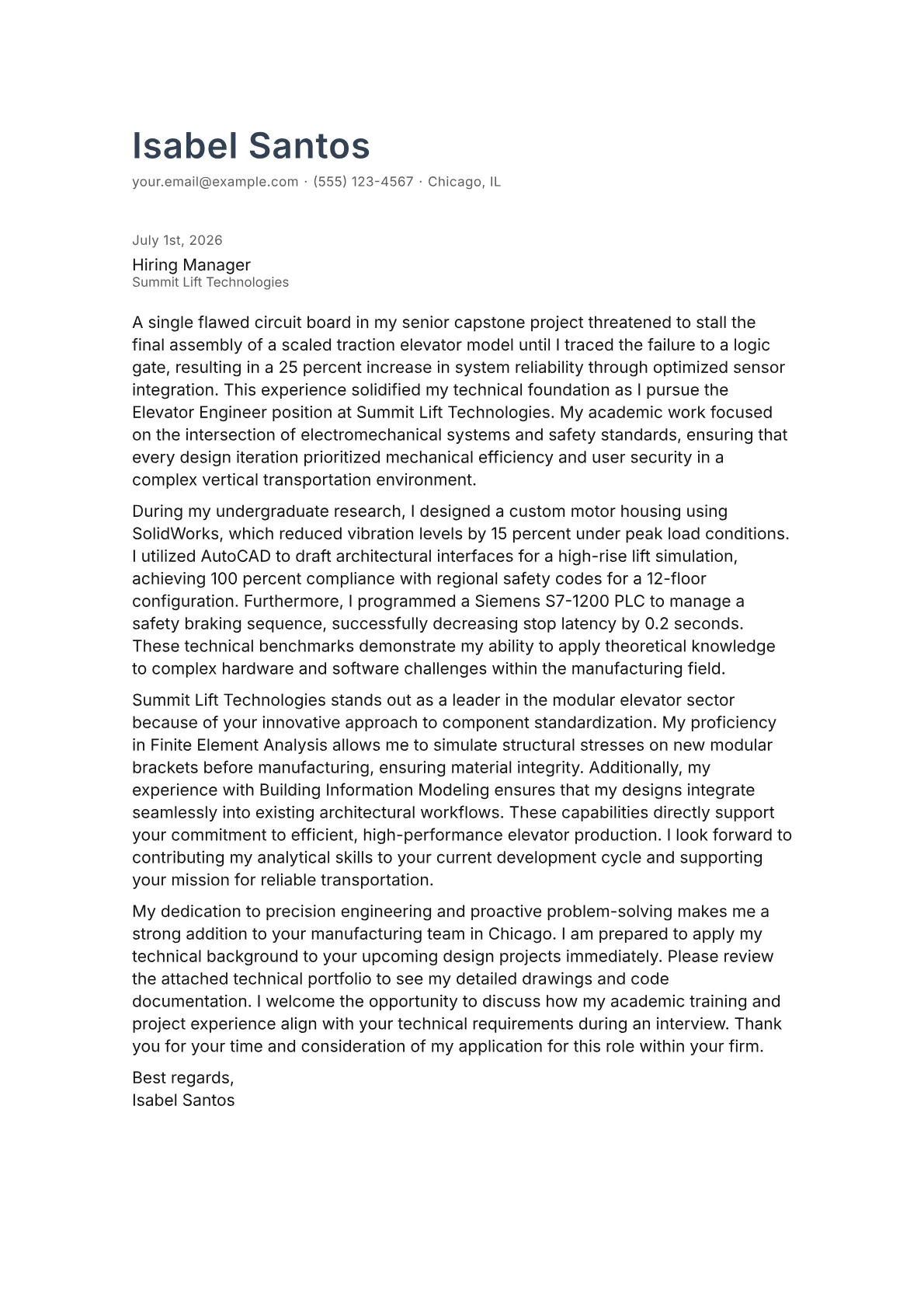 Elevator Engineer cover letter in the Minimal design