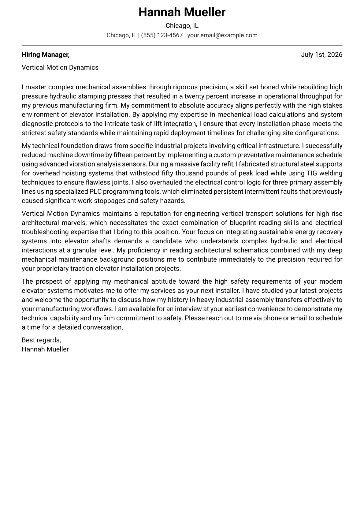 Elevator Installer cover letter in the Modern design