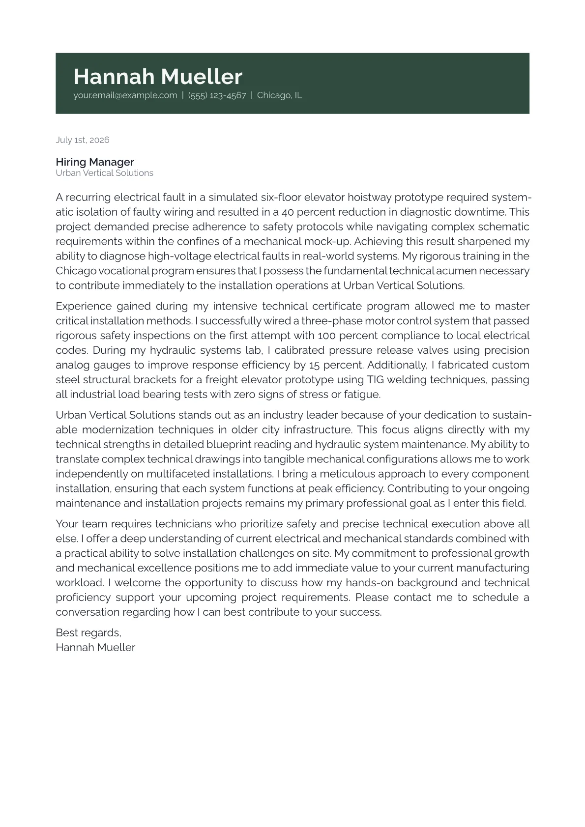 Elevator Installer cover letter in the Banner design