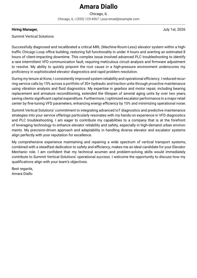 Elevator Mechanic cover letter example