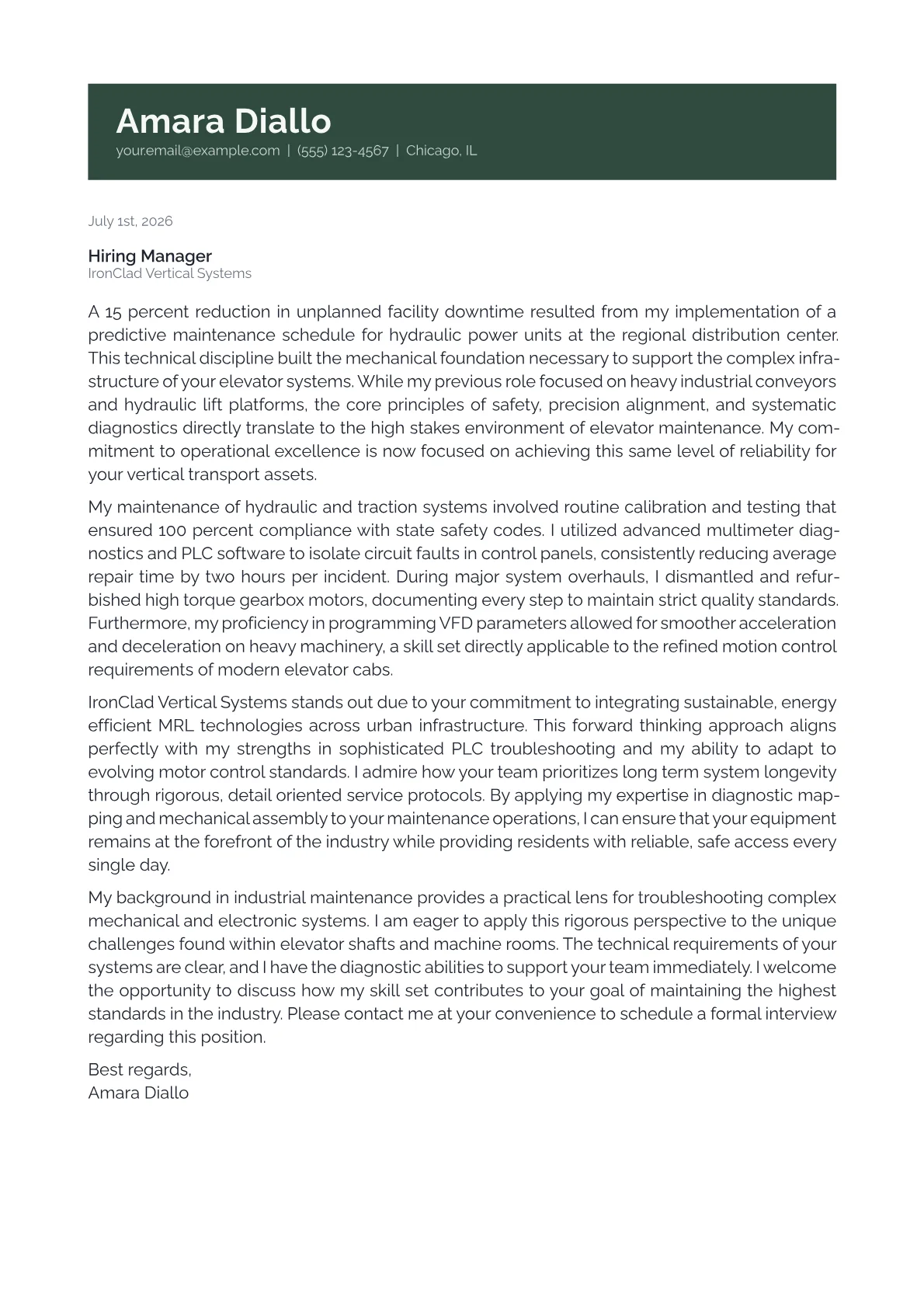 Elevator Mechanic cover letter in the Banner design