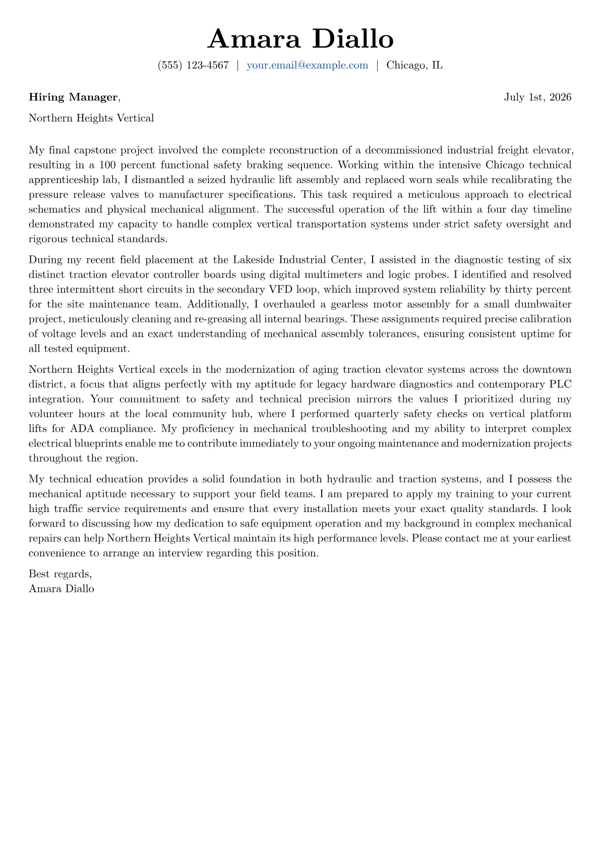 Elevator Mechanic cover letter in the Basic design